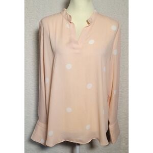 Loft Peach Blouse Size Large Women's Long Sleeve White Polka Dots Sheer 0795